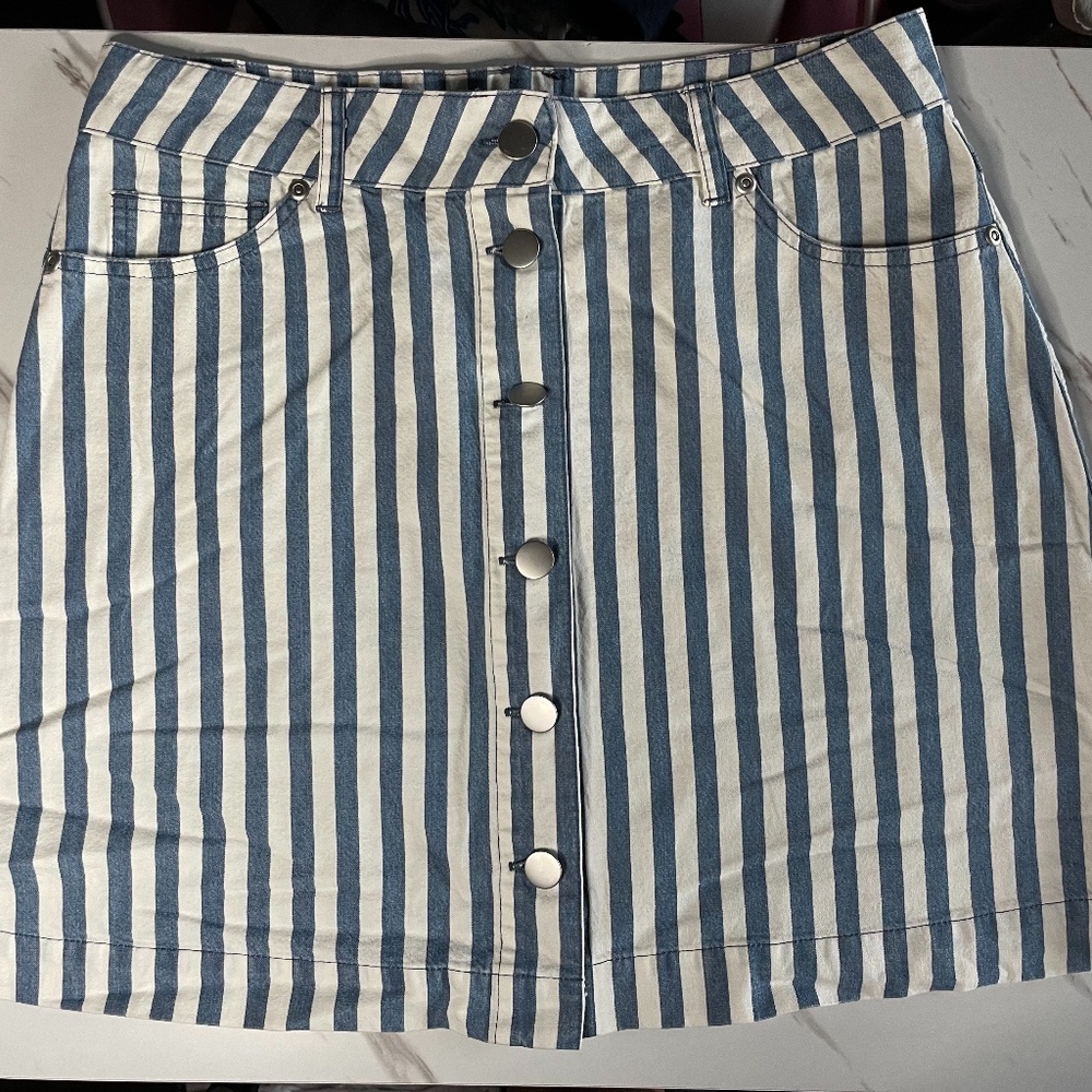blue and white striped skirt